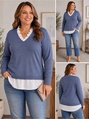 NWT Siani Milano 1X Blissful Blue Layered Look Sweater Faux Shirt Plus Size